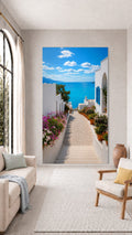 Oversized Aegean Coastal Path frameless canvas wall art print hanging flush to a modern wall by Oasis Editions.