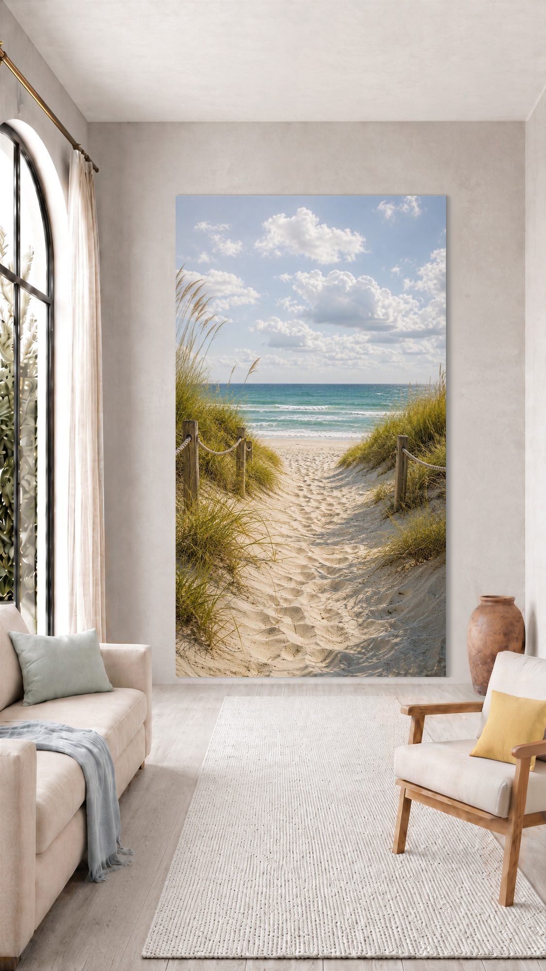 Oversized Alluring Dune Path frameless canvas wall art print hanging flush to a modern wall by Oasis Editions.