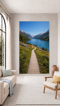 Oversized Alpine Lake Boardwalk frameless canvas wall art print hanging flush to a modern wall by Oasis Editions.