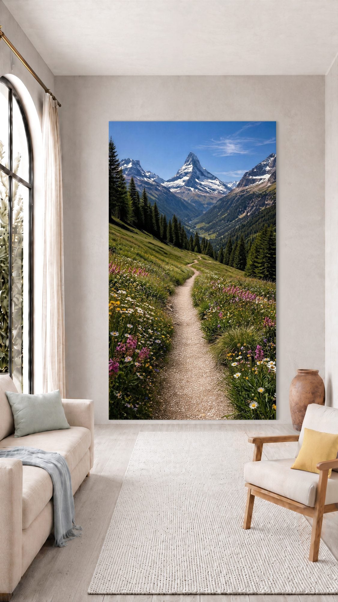 Oversized Alpine Wildflower Trail frameless canvas wall art print hanging flush to a modern wall by Oasis Editions.
