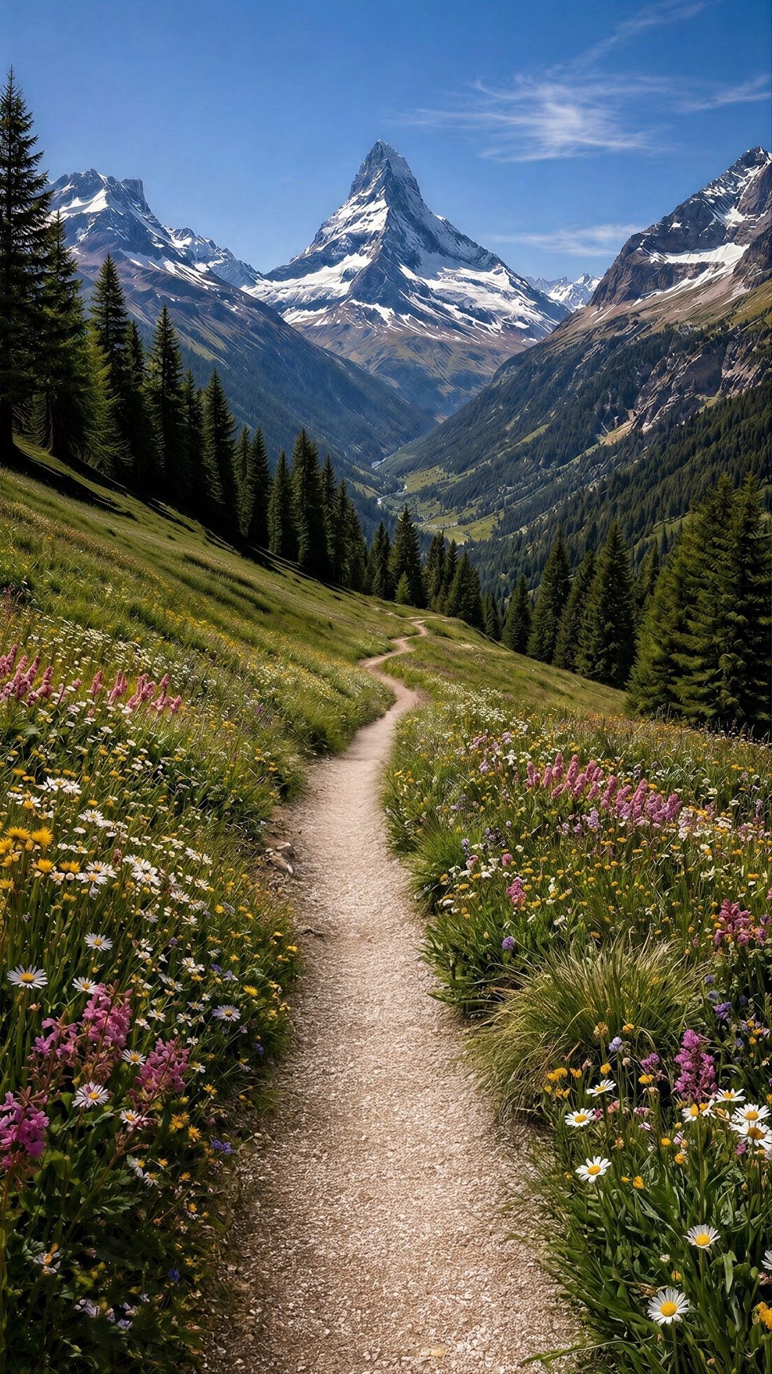 Oversized Alpine Wildflower Trail frameless canvas wall art print hanging flush to a modern wall by Oasis Editions.