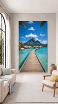 Oversized Bora Bora Boardwalk frameless canvas wall art print hanging flush to a modern wall by Oasis Editions.