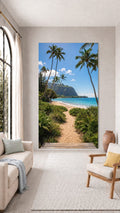 Oversized Hawaii Palm Path frameless canvas wall art print hanging flush to a modern wall by Oasis Editions.
