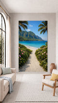 Oversized Island Bay Garden Path frameless canvas wall art print hanging flush to a modern wall by Oasis Editions.