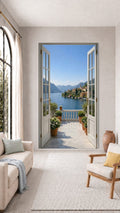 Oversized Lake Como Doorway View frameless canvas wall art print hanging flush to a modern wall by Oasis Editions.
