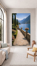 Oversized Lake Como Villa Terrace frameless canvas wall art print hanging flush to a modern wall by Oasis Editions.