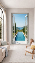 Oversized Mediterranean Pool Doorway frameless canvas wall art print hanging flush to a modern wall by Oasis Editions.