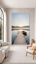 Oversized Misty Lake Jetty frameless canvas wall art print hanging flush to a modern wall by Oasis Editions.