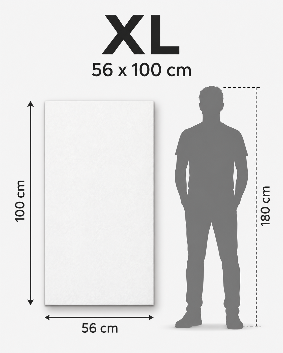 XL canvas size guide, 56 x 100 cm, shown beside a 180 cm person
