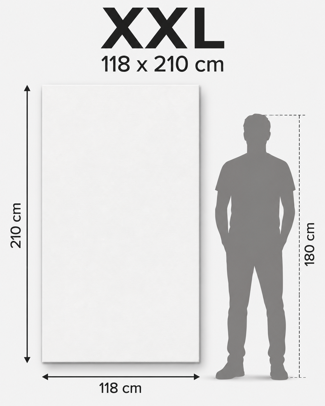 XXL canvas size guide, 118 x 210 cm, shown beside a 180 cm person