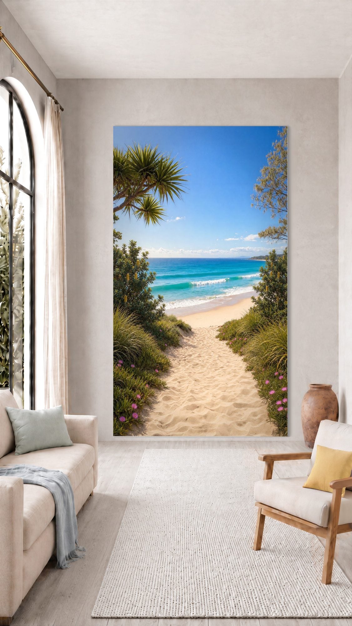 Oversized Palm-Fringed Dune Path frameless canvas wall art print hanging flush to a modern wall by Oasis Editions.