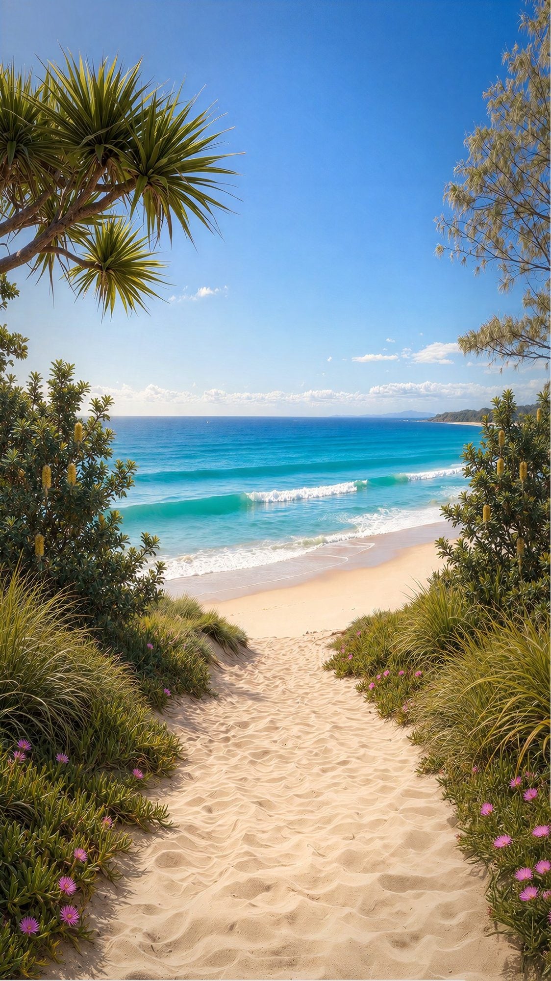 Oversized Palm-Fringed Dune Path frameless canvas wall art print hanging flush to a modern wall by Oasis Editions.