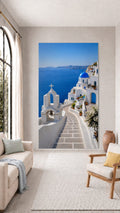 Oversized Santorini Blue Dome Path frameless canvas wall art print hanging flush to a modern wall by Oasis Editions.