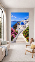 Oversized Santorini Blue Domes View frameless canvas wall art print hanging flush to a modern wall by Oasis Editions.