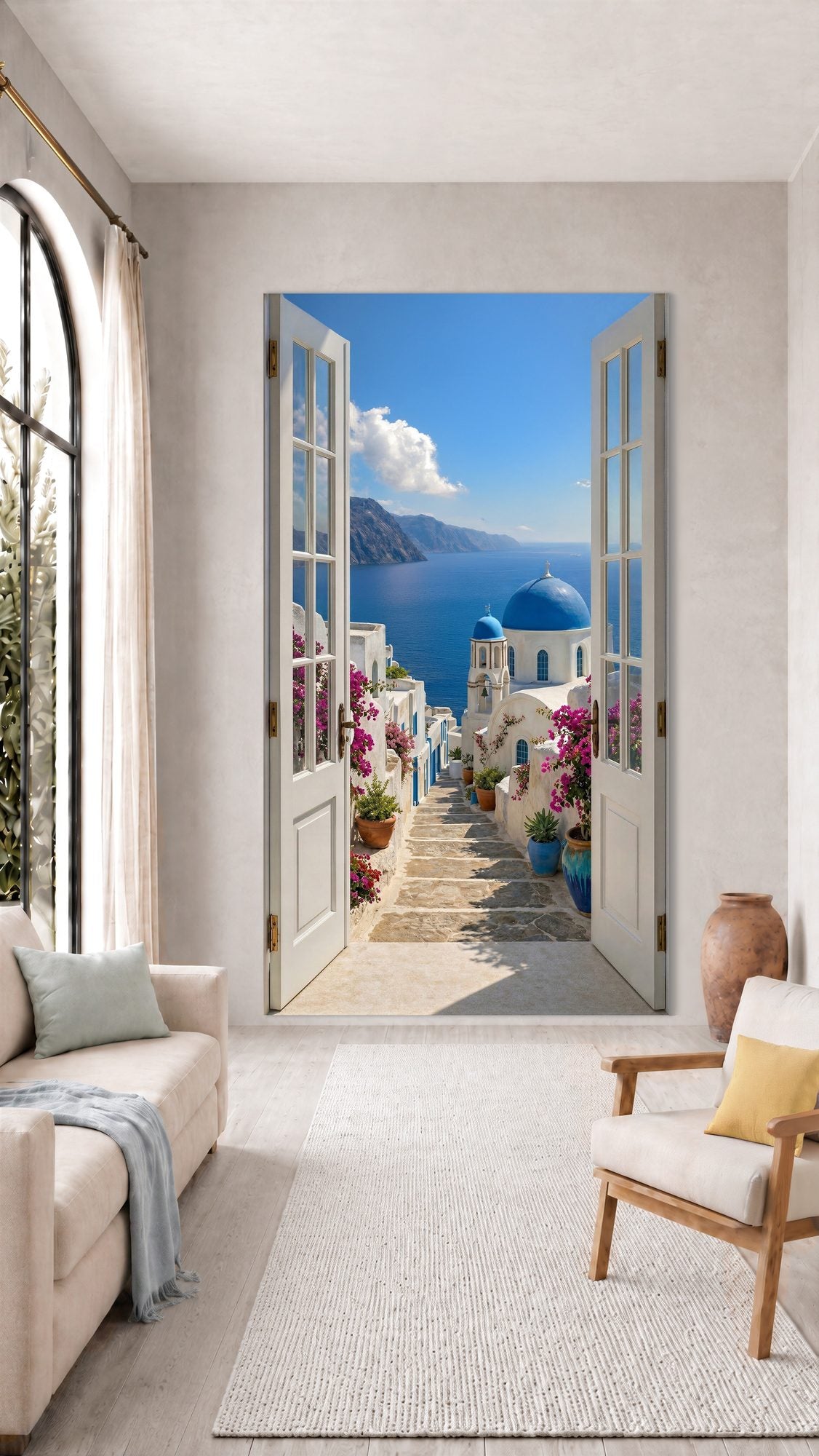 Oversized Santorini Sunwashed Doorway frameless canvas wall art print hanging flush to a modern wall by Oasis Editions.