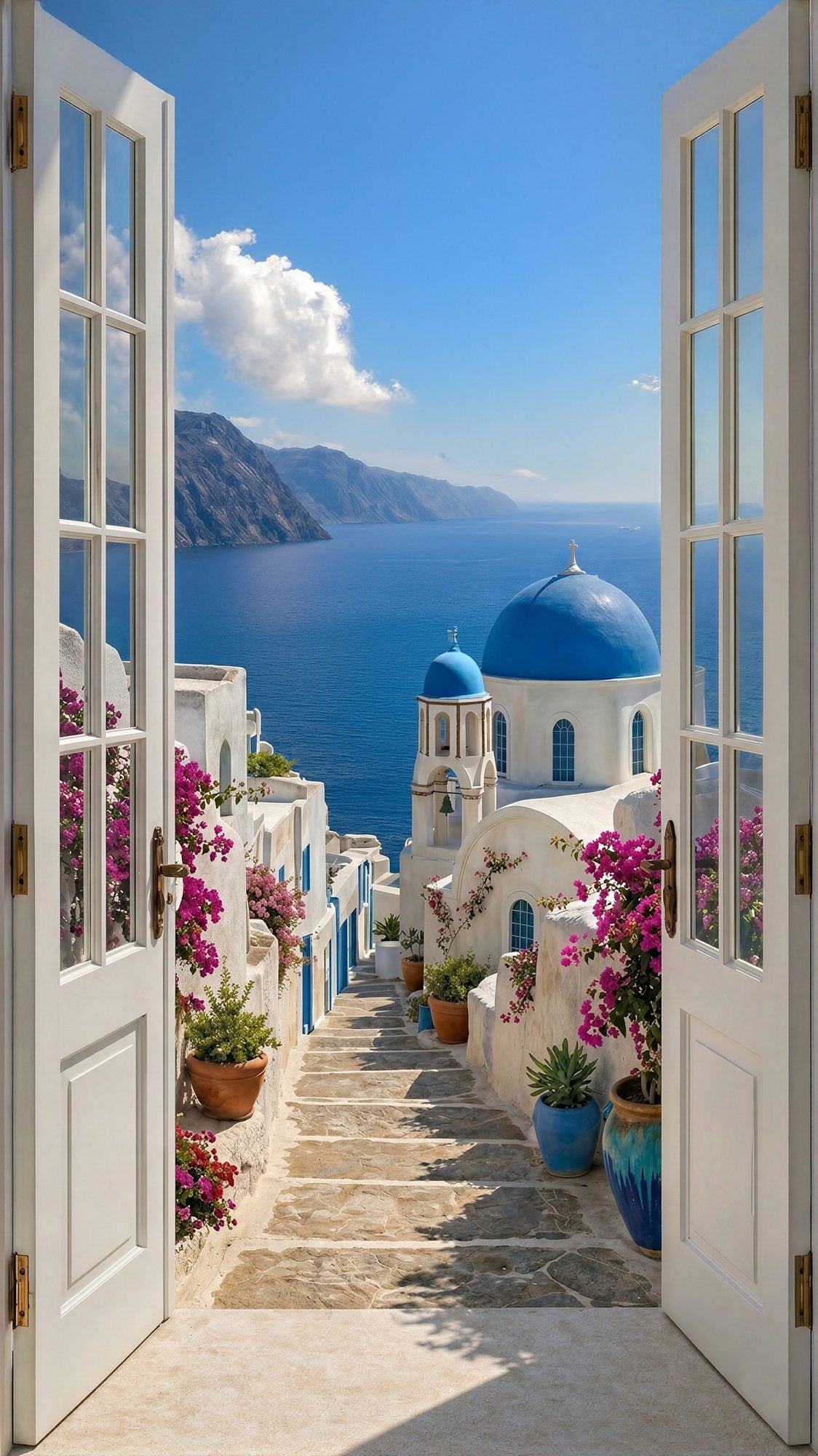 Oversized Santorini Sunwashed Doorway frameless canvas wall art print hanging flush to a modern wall by Oasis Editions.