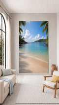 Oversized Seychelles Beach Cove frameless canvas wall art print hanging flush to a modern wall by Oasis Editions.