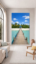 Oversized Tropical Hut Jetty frameless canvas wall art print hanging flush to a modern wall by Oasis Editions.