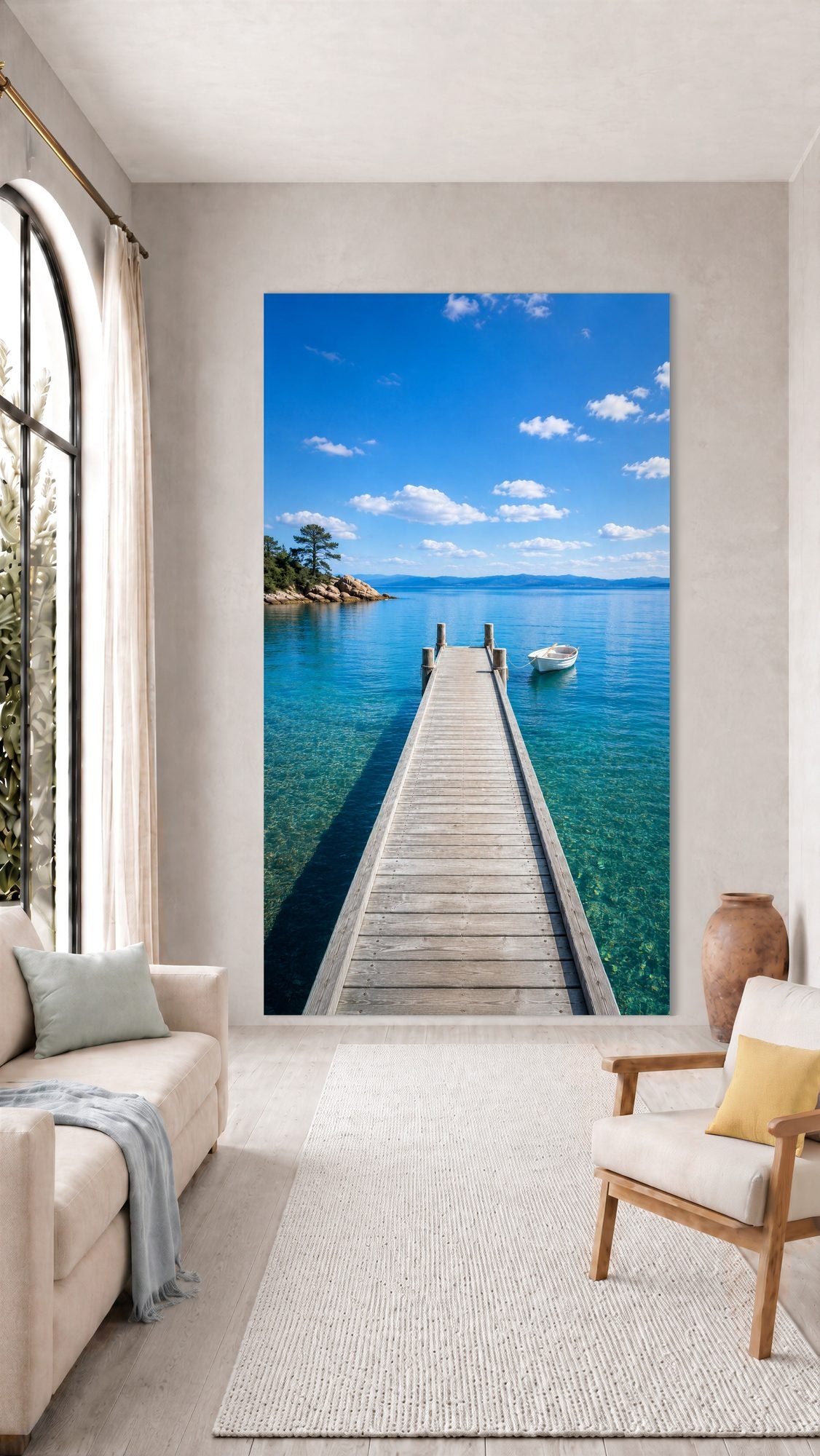 Oversized Turquoise Bay Boardwalk frameless canvas wall art print hanging flush to a modern wall by Oasis Editions.